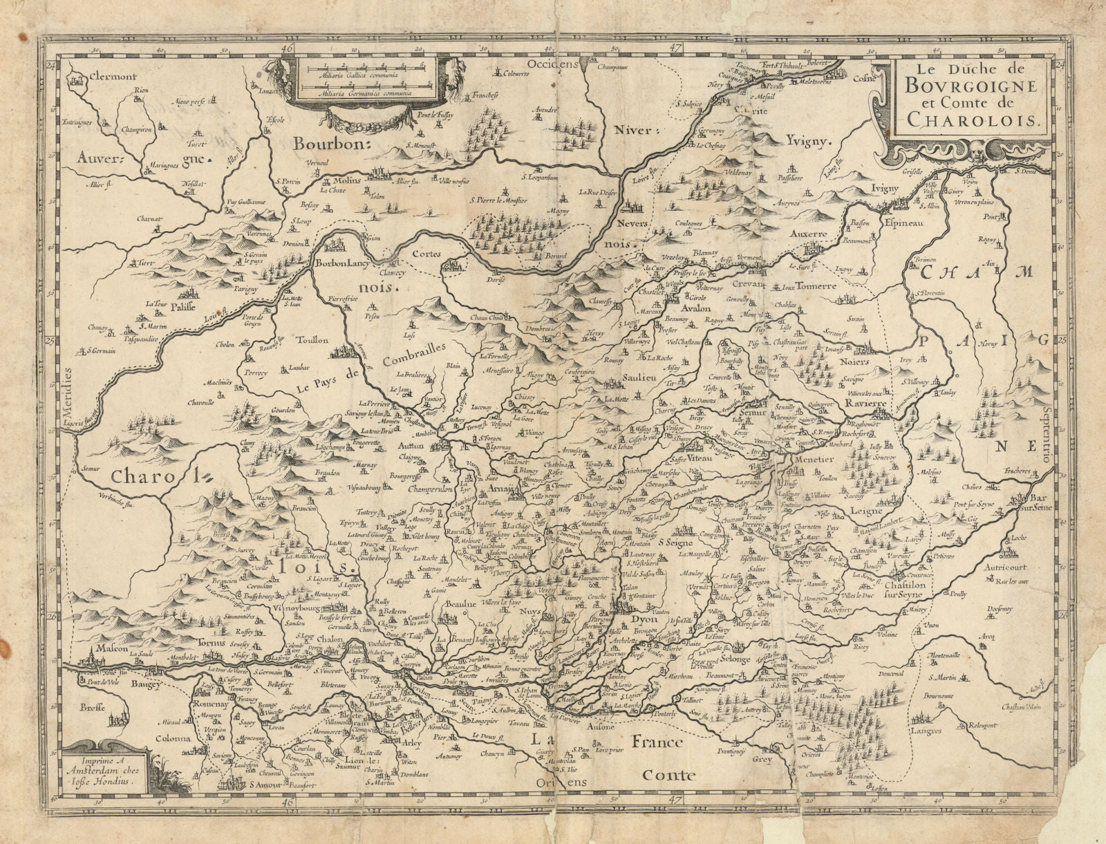 Le Duche de Bourgoigne & Comte de Charolois. Burgundy. Hondius c1631 old map